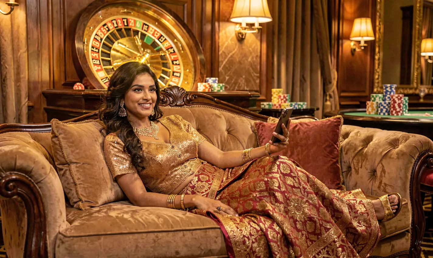Elegant Bangladeshi woman using the 34OK casino app on her phone while relaxing in a luxury gaming room with a glowing roulette wheel behind her