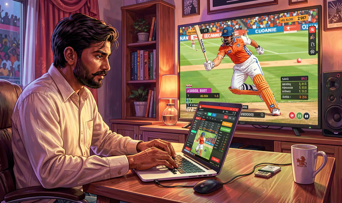 Focused Bangladeshi player placing live sports bets on a laptop with real time match action visible while using 34OK