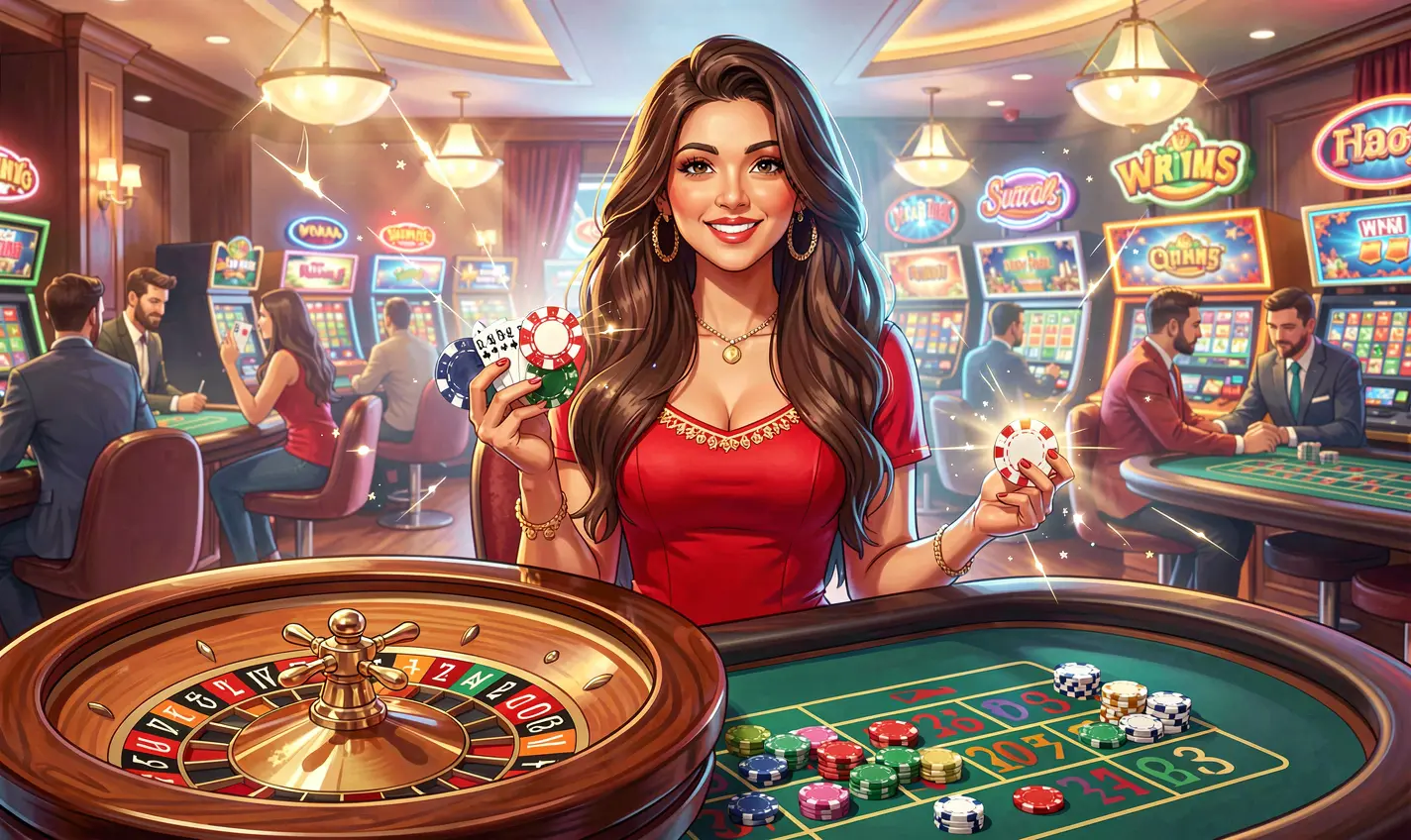 Stylish casino scene with a confident woman holding poker chips near a roulette wheel representing the excitement and rewards of 34OK casino bonuses in Bangladesh