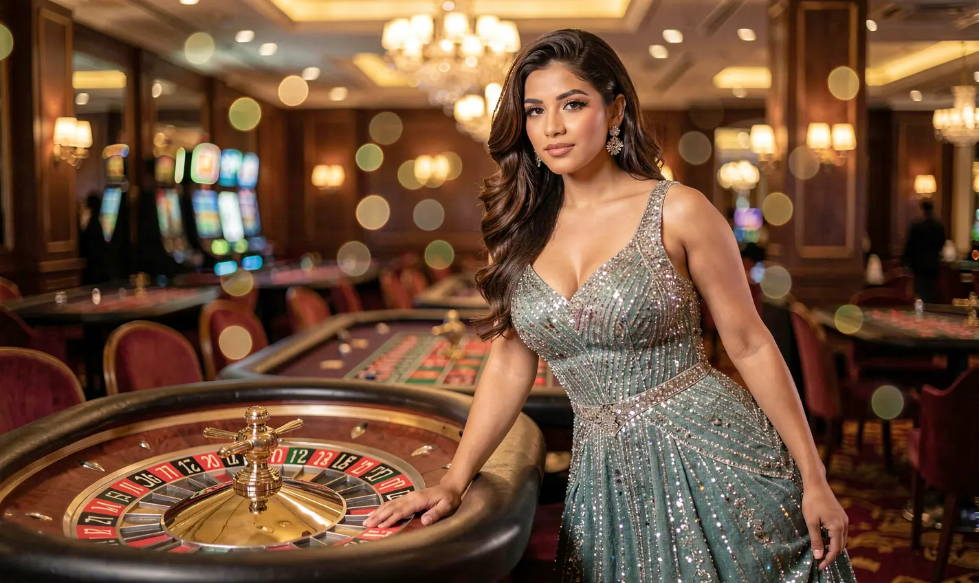 Confident woman in a glamorous evening dress posing by a roulette table inside the luxurious 34OK casino atmosphere in Bangladesh