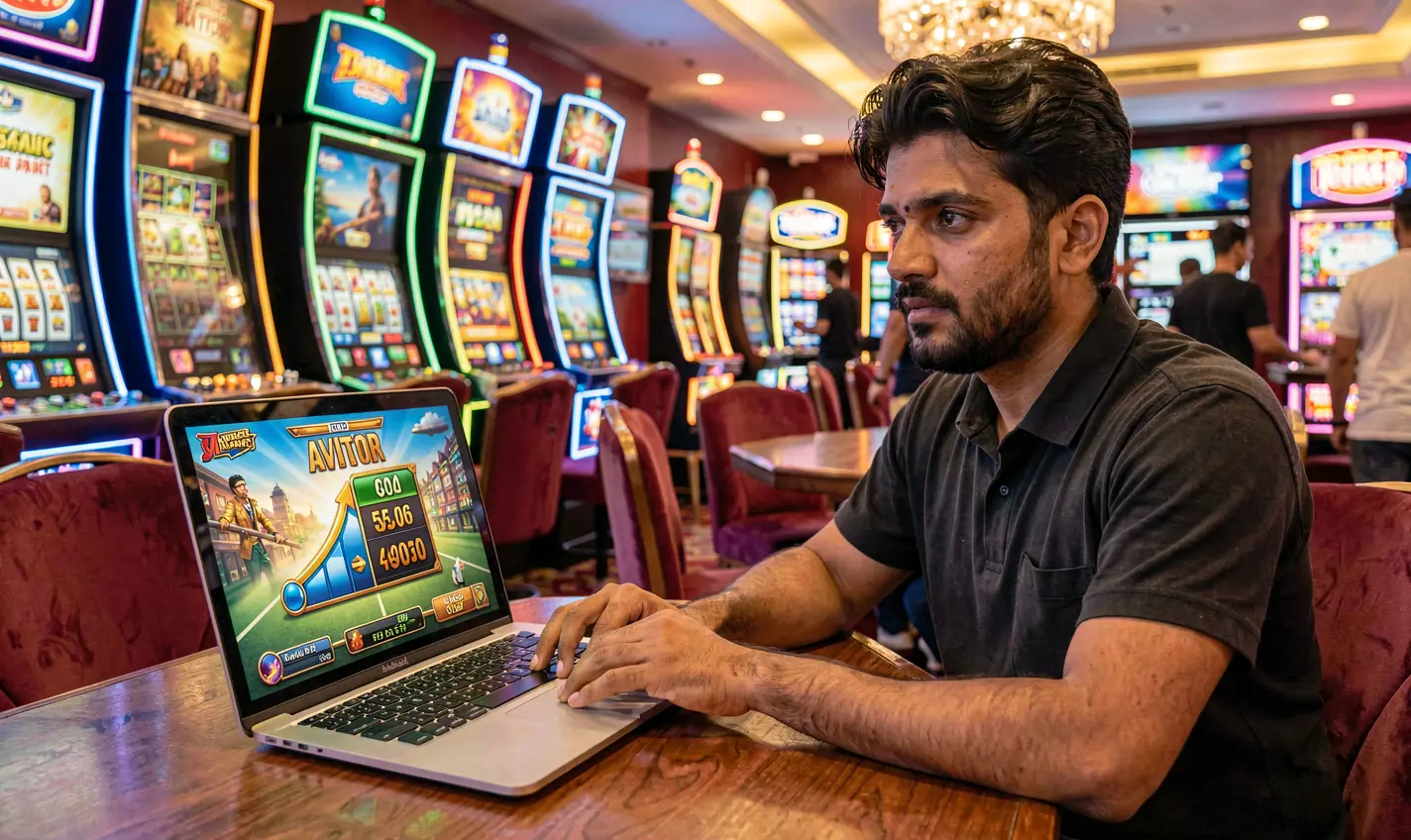 Confident Bangladeshi player enjoying fast paced online casino games on a laptop surrounded by glowing lights and casino visuals at 34OK