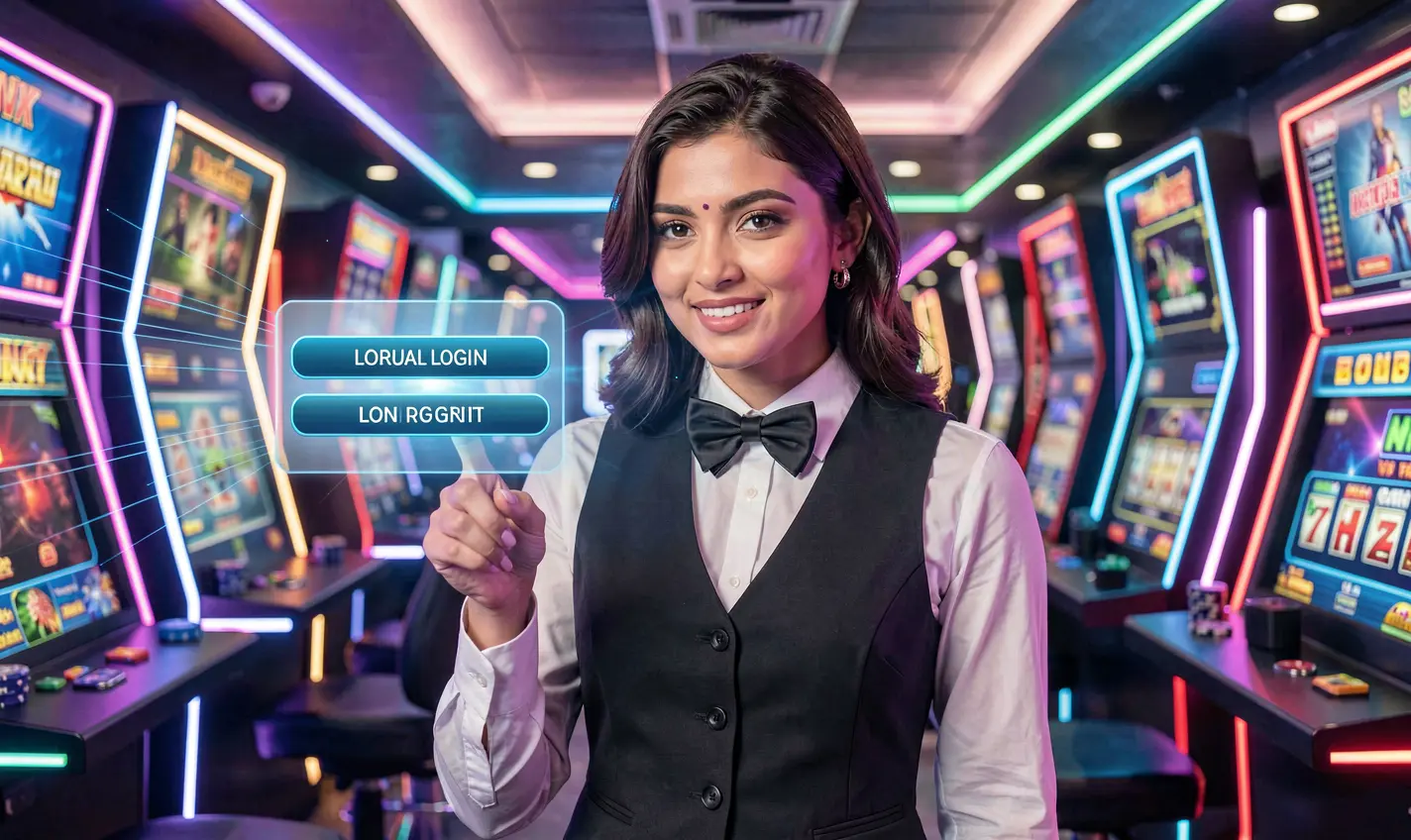 Professional Bangladeshi casino presenter pointing at a glowing login button inside a futuristic 34OK casino interface