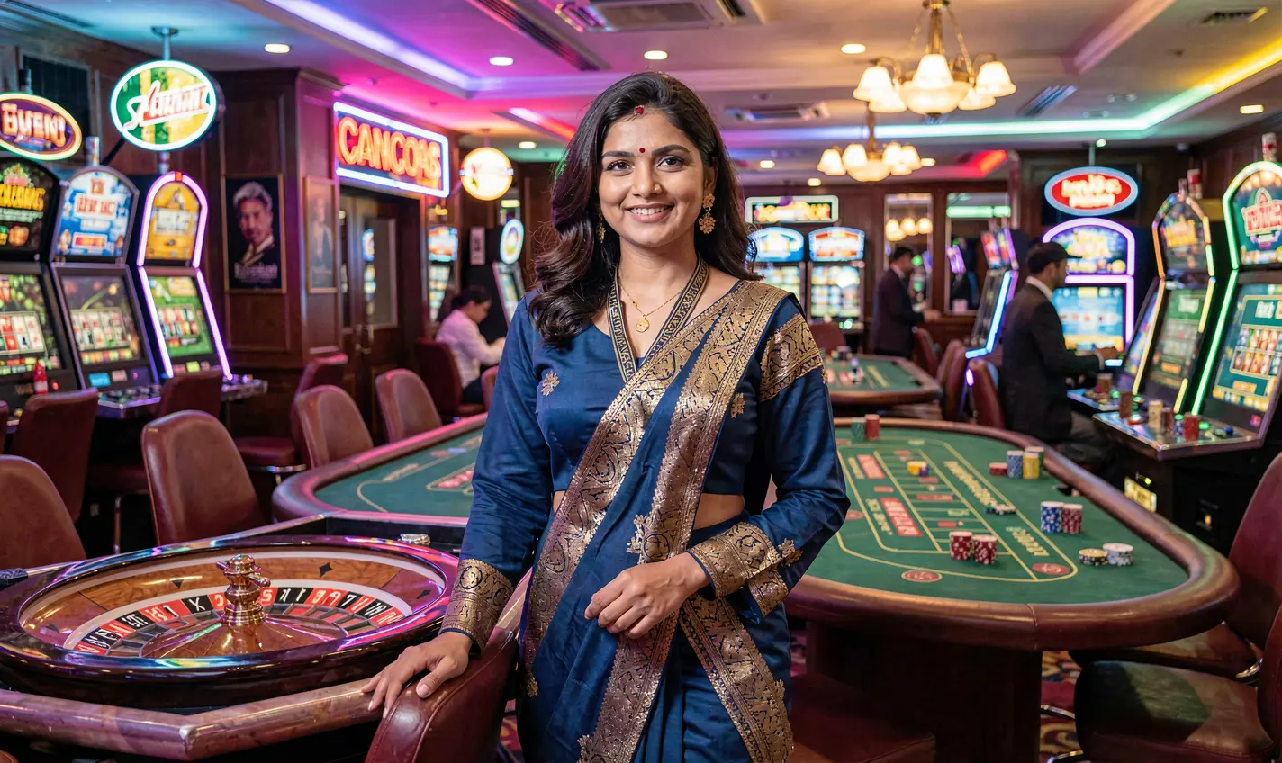 Professional Bangladeshi casino dealer standing at a vibrant roulette table with neon lights highlighting the immersive live casino experience at 34OK