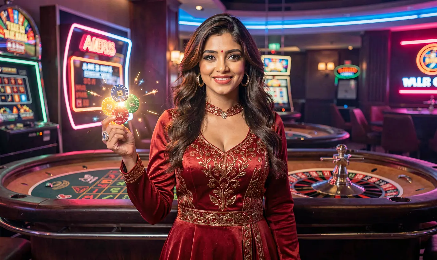 Confident casino player holding glowing chips in a luxury gaming hall showcasing the premium atmosphere of 34OK casino in Bangladesh