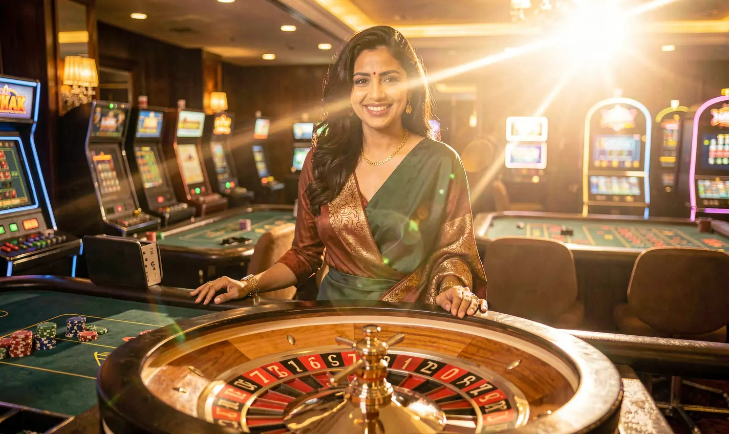 Elegant casino dealer in a luxurious gaming hall with a glowing roulette table showcasing the premium live experience at 34OK for Bangladeshi players