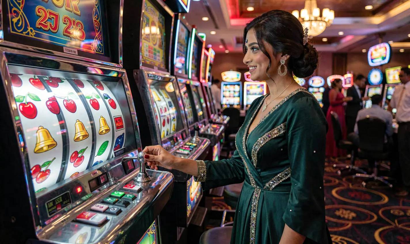 Stylish casino player enjoying classic slot machines with bright cherries and bells at 34OK casino in Bangladesh